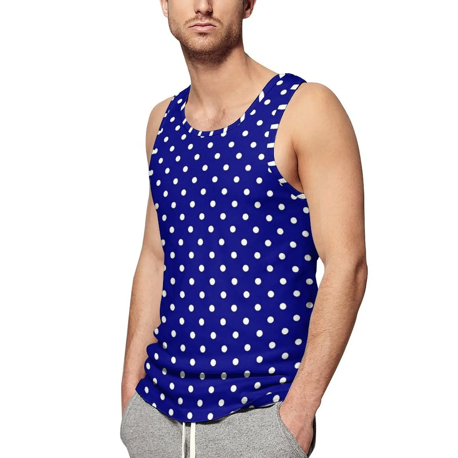 Blue Polka Dots Tank Top Mens Vintage Print Sportswear Tops Summer Bodybuilding Design Sleeveless Shirts Plus Size