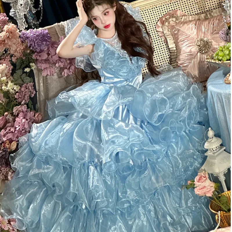 Sweet Blue Op Wedding Lolita Dress Lolita Birthday Party Princess Dresses Women Chic Bead Bow Ruffle Edge Big Swing Cake Dress