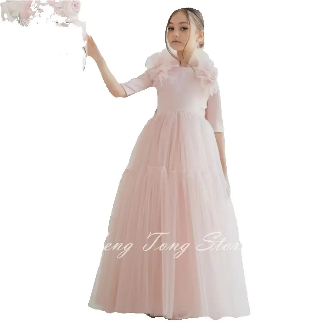 Pink Flower Girl Dresses Tulle With Bow Half Sleeve For Wedding Birthday Party Banquet Princess Gowns