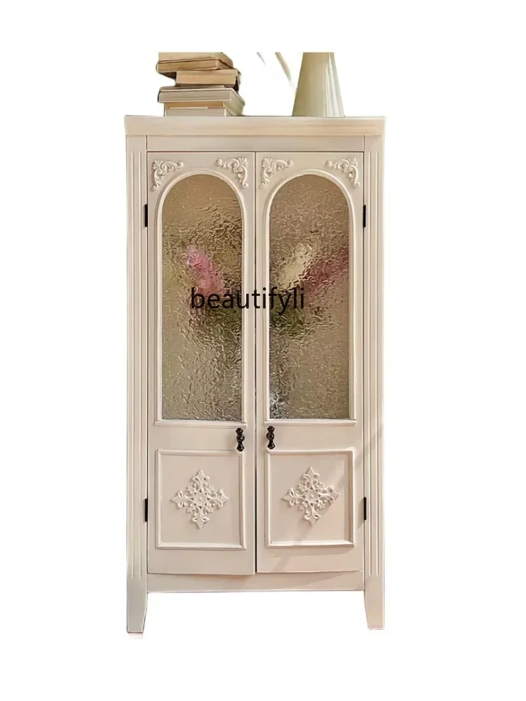 

French Retro Solid Wood Sideboard Living Room Home Arch Carved Wine Cabinet Storage High Cabinet