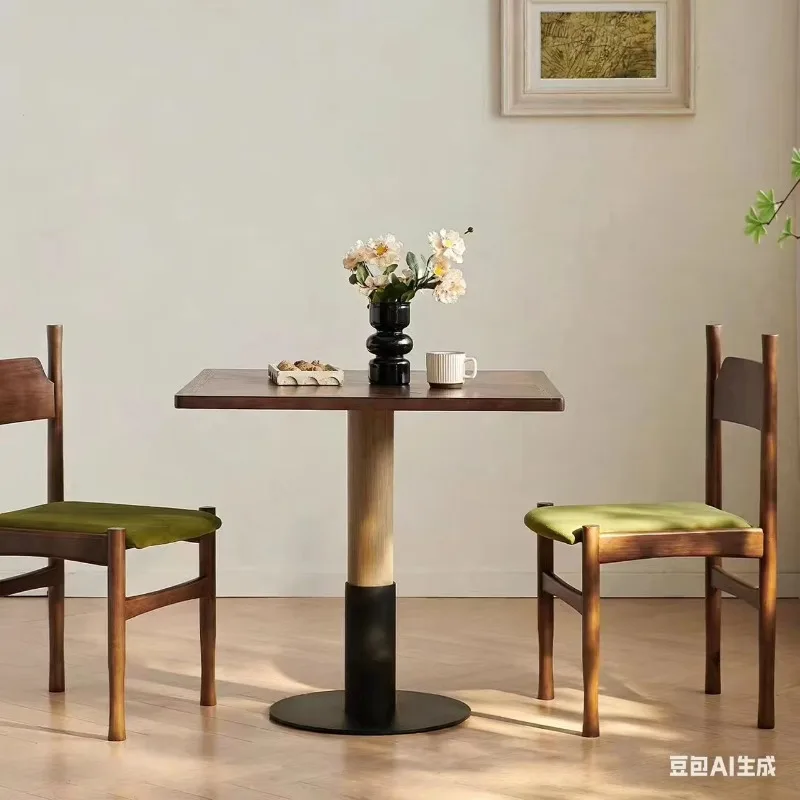 Modern Minimalist Small Apartment Solid Wood Square Table, Retro Walnut Color Inlay, Cafe Milk Tea Shop Sales Office Dining Tabl