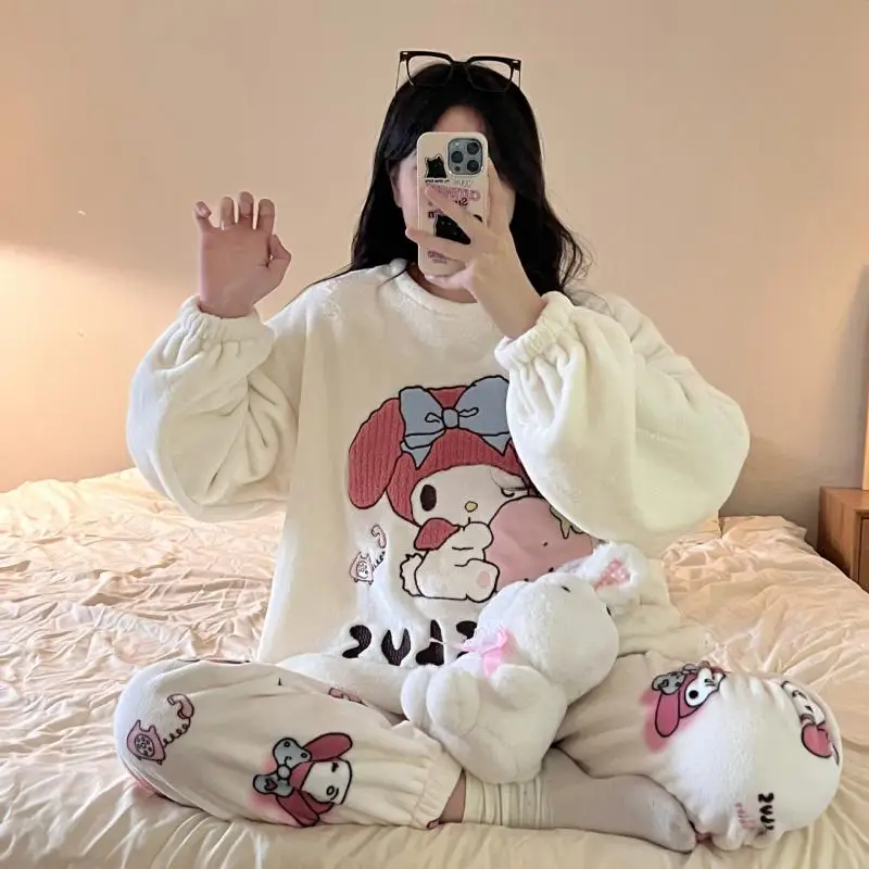 

My Melody Autumn Winter Pajamas Kawaii Pochacco Anime Cartoon Sanrio Flannel Keep Warm Comfortable Woman Loungewear Set Gift New