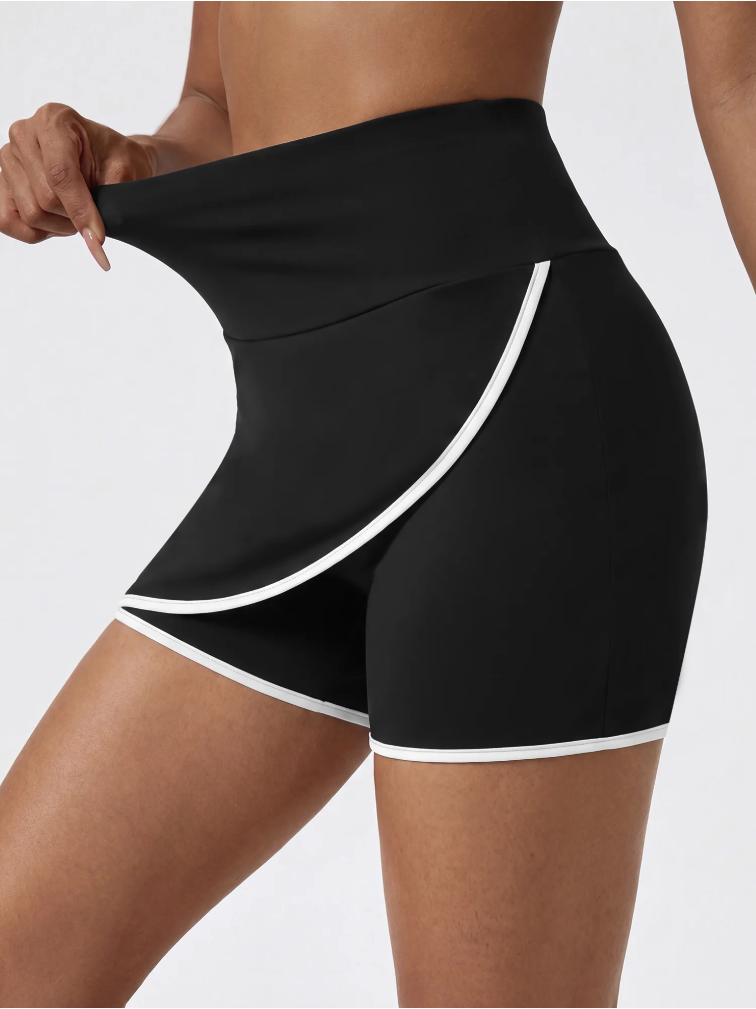 Womens Tummy Slim High Waist Shorts Fake Wrap Skirt Panel Design Active Gym Yoga Shorts