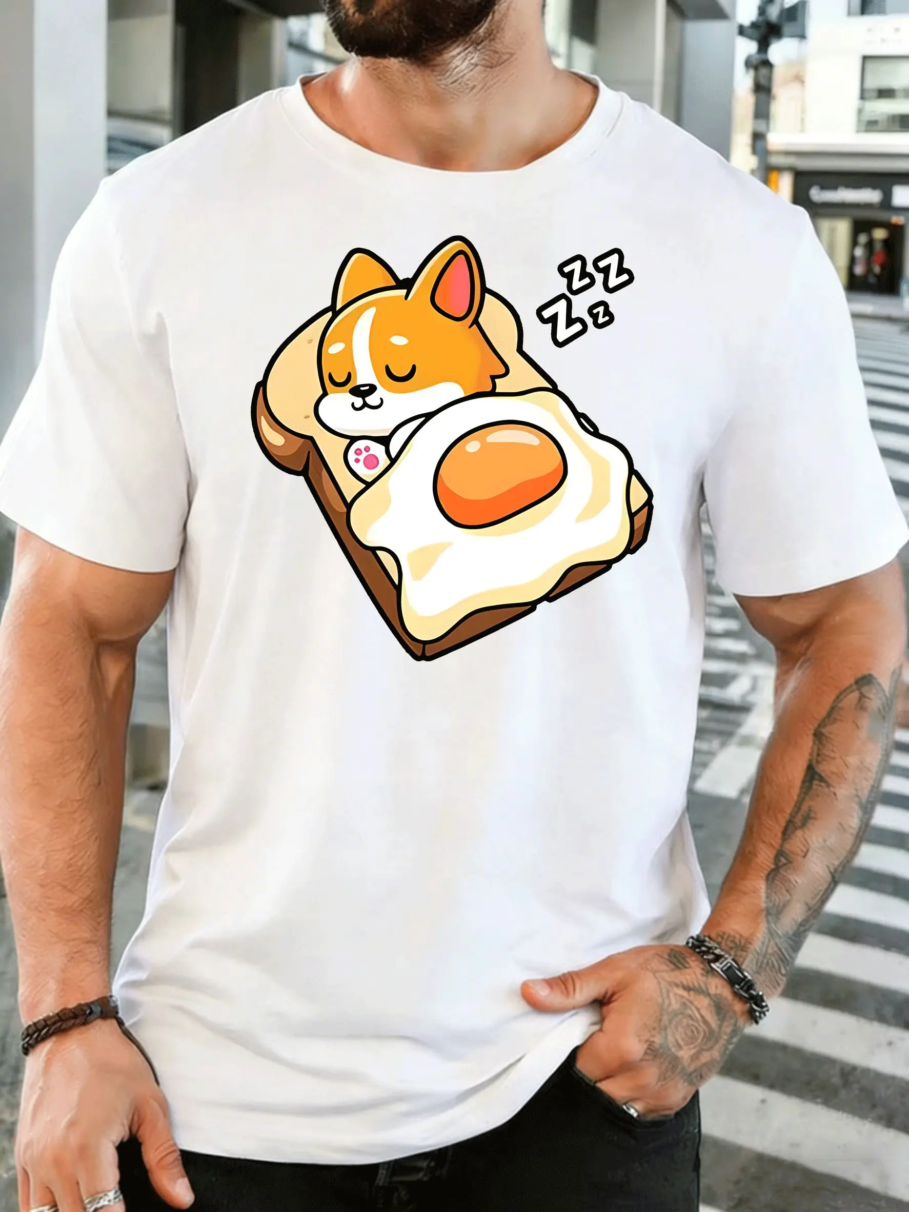 Cute Sleeping Corgi On Toast Fried Egg Mens Print T Shirt Cartoon Puppy Graphic Tee Casual Short Sleeve Top Pet Lover Gift