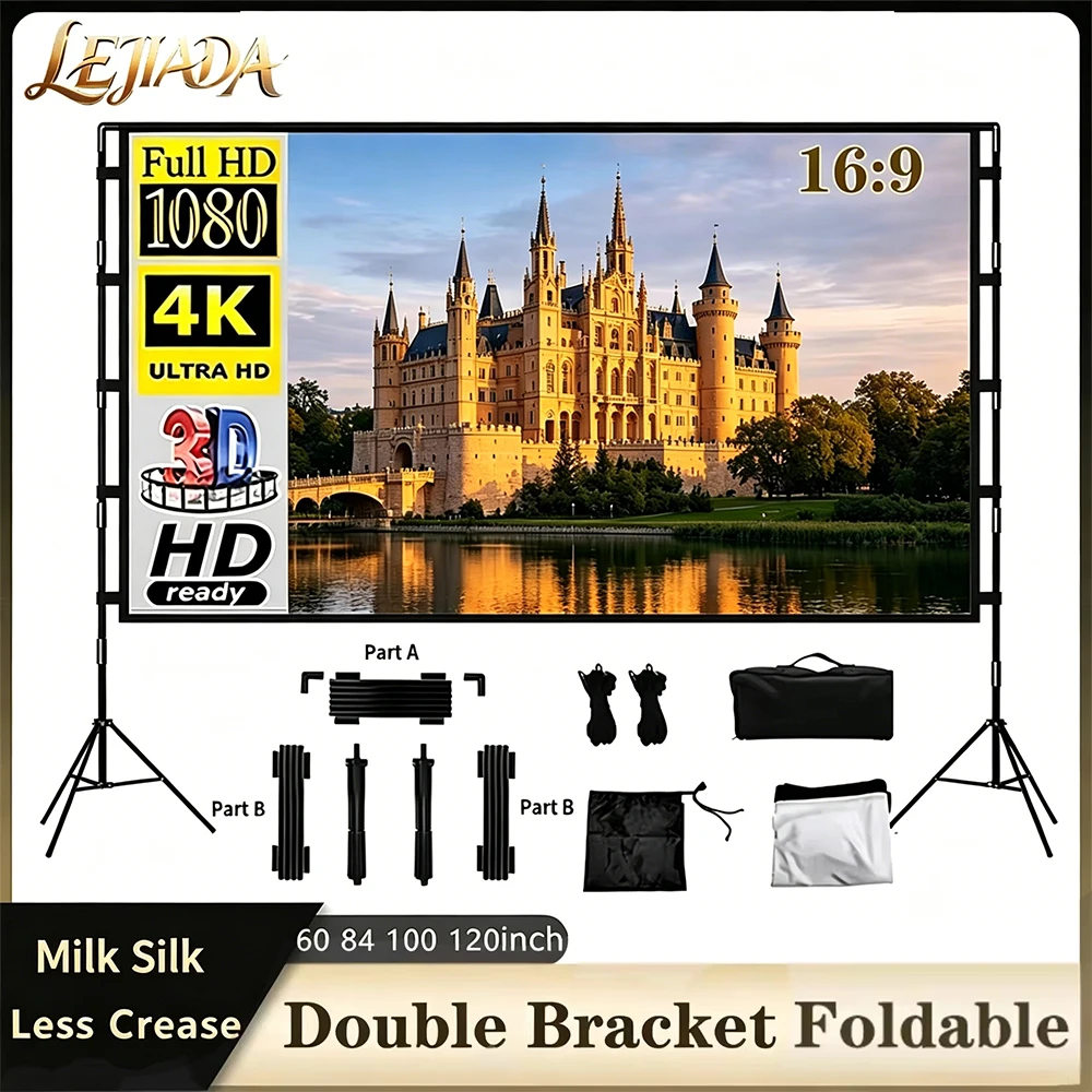 

LEJIADA 16:9 Floor-Standing Dual Tripod Stand Milk Silk Wrinkle-Free Projection Screen Portable Home Outdoor 60/84/100/120 inch