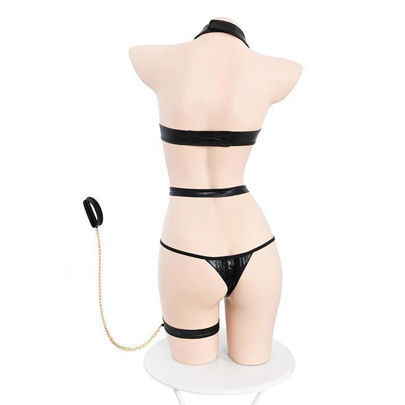 Sexy Faux Leather Traction Bind Underwear Set Gold Chain Cosplay Costume Amine Women Nightwear Role Play Outfits Lingerie Party view 2