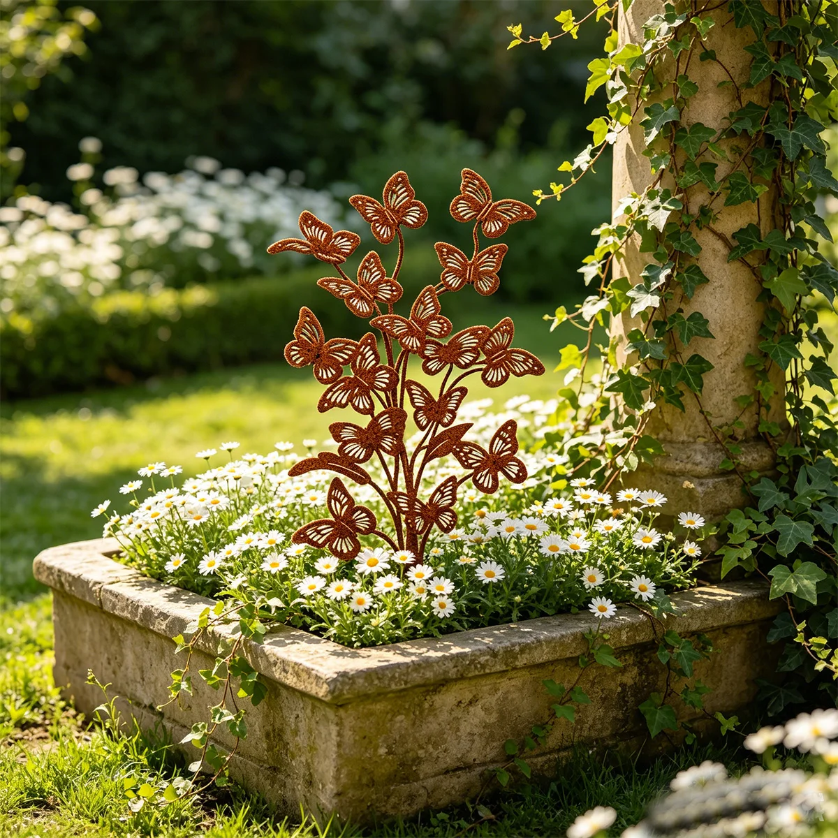 1Pc Wrought Iron Garden Decoration Stake, Flower-Shaped Decoration Stake Composed of Multiple Butterflies, Vintage Style, Easy to Install, Suitable for Placing in Lawns, Courtyard Gardens, or the Center of Flower Beds as Decoration.