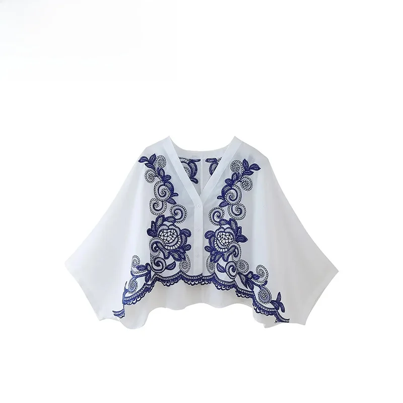 

ZAR Summer New Faion Street Sle Women's irt Long Sve Embroidered Color Blo Polyester Fiber Versatile Casual Top