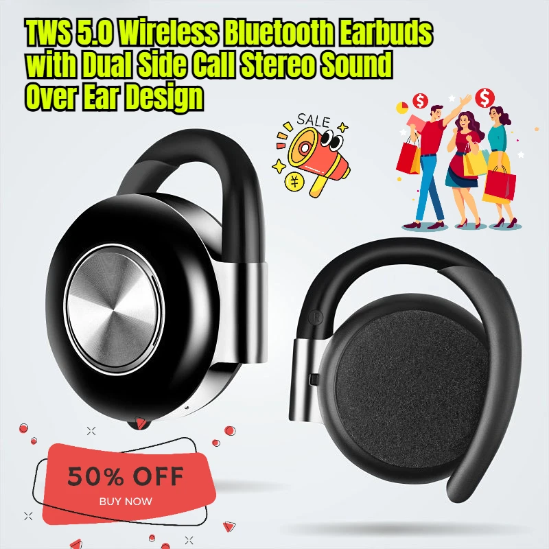 

TWS 5.0 Wireless Bluetooth Earbuds with Dual Side Call Stereo Sound Over Ear Design