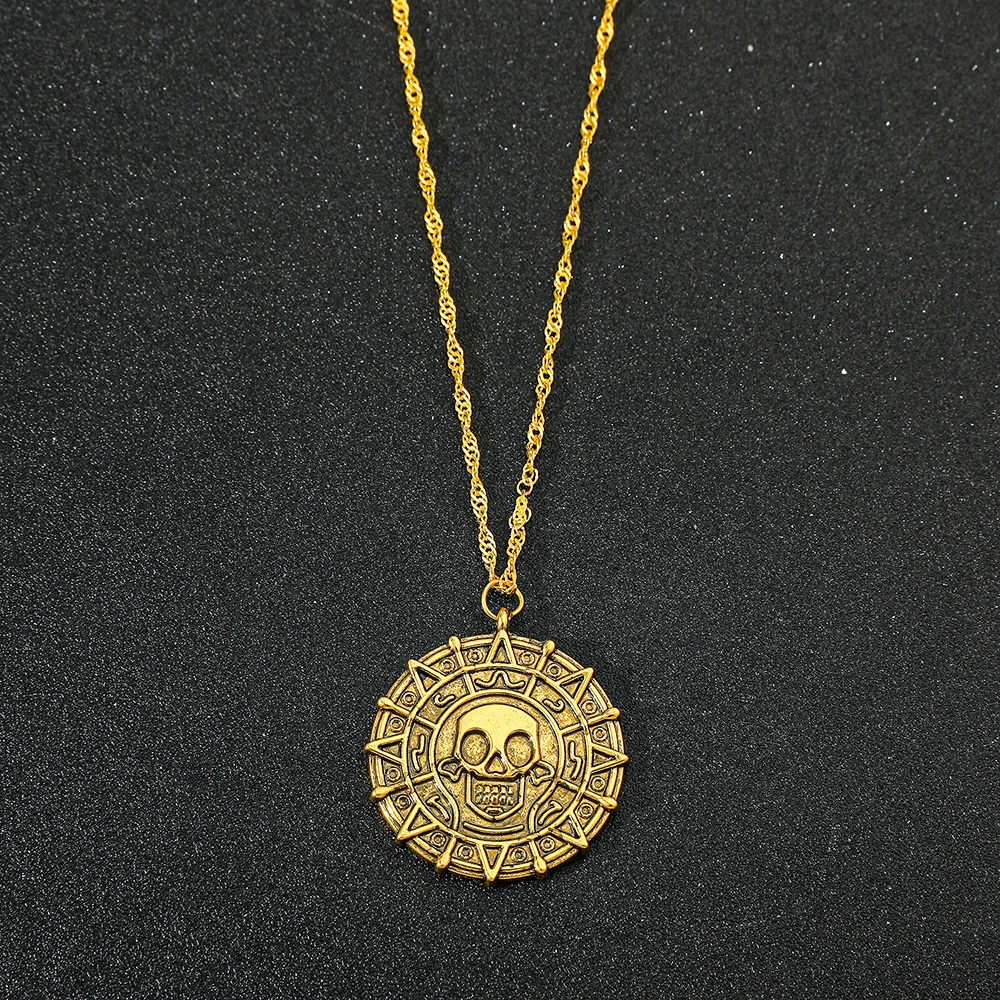 Pirates of the Caribbean Jack Sparrow Aztec Skeleton Skull Heads Coin Medallion Pendant Vintage Jewelry Necklace for Wholesale image 5