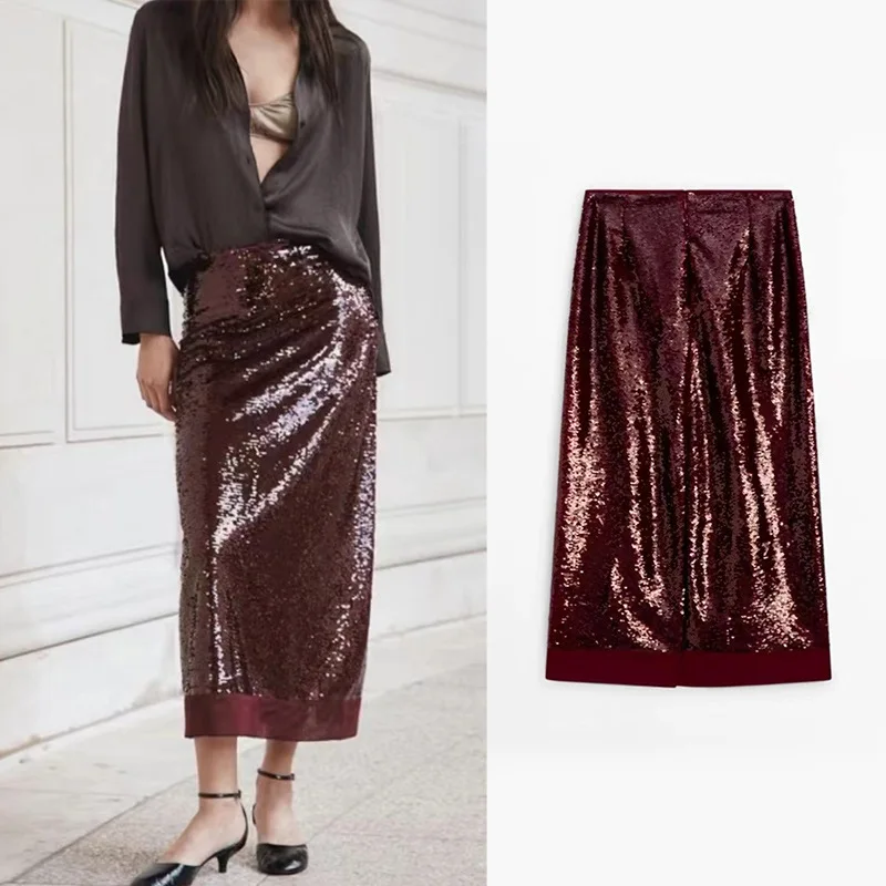 French Niche 2026 Early Spring New Arrival Luxury Sequin Embellished Straight High-Low Split Back Midi Skirt