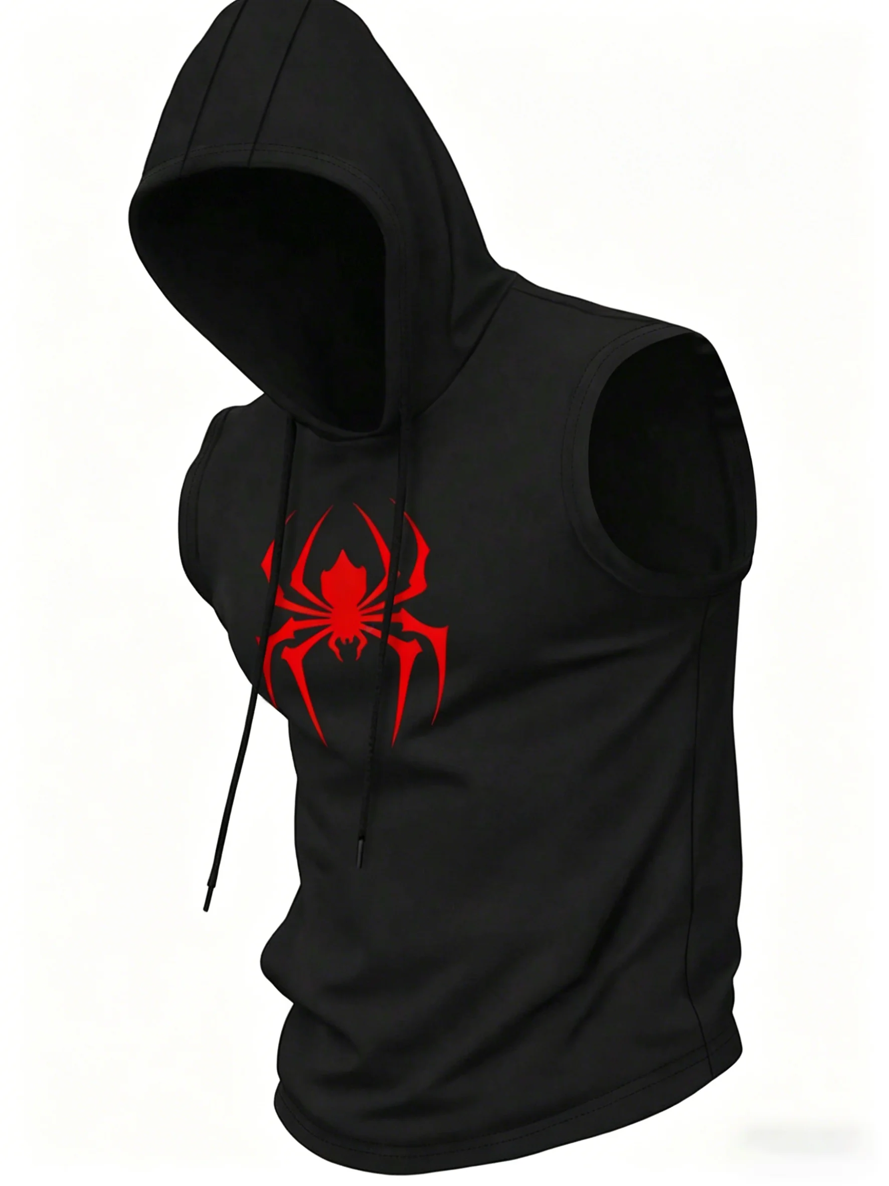 Men's Black Sleeveless Hooded Vest Spider Print Gym Tank Breathable Spring Summer Workout Casual Fitness Sportswear