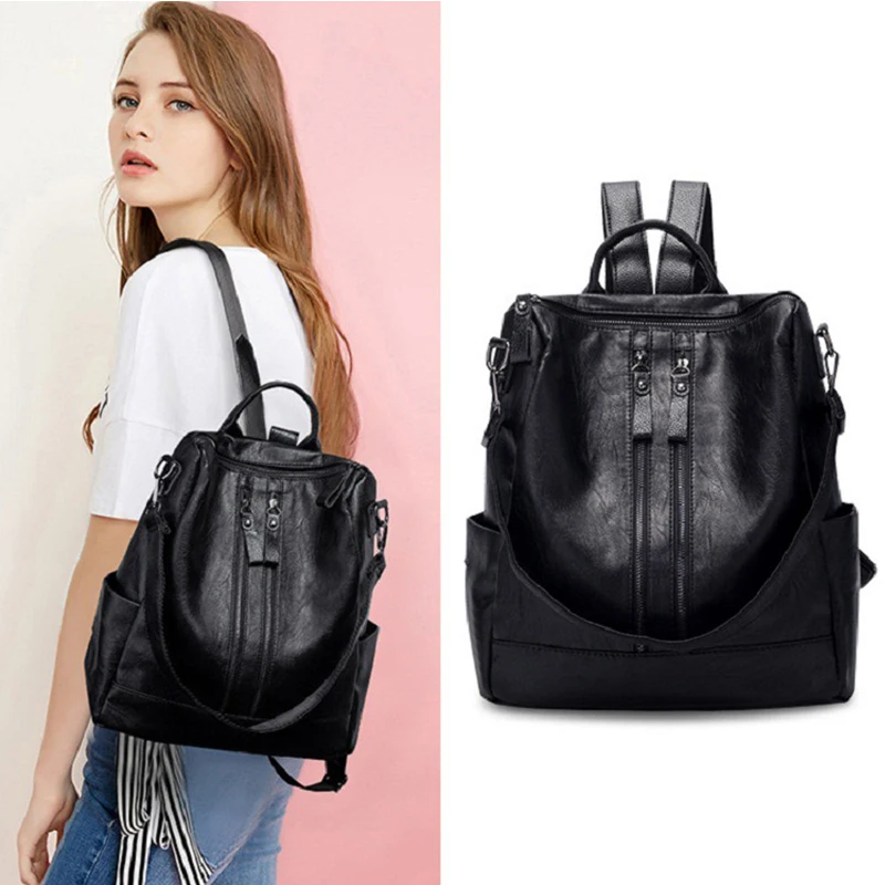 Women Soft School Backpacks PU Leather Black Casual Versatile College Bag Large Capacity Shoulder Bags Girls Travel Backpack