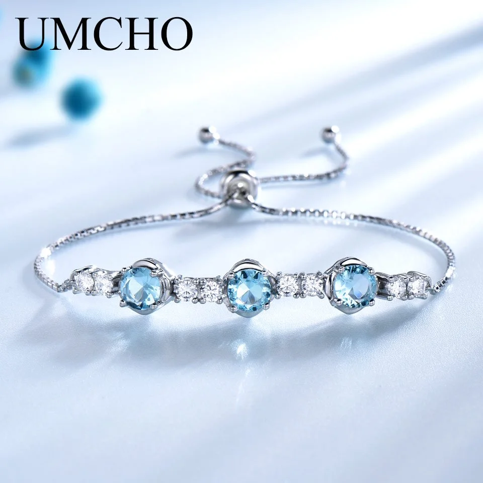 

Nano Sky Blue Topaz Bracelet Round 6mm Bangle Adjustable Bracelets for Women 925 Sterling Silver