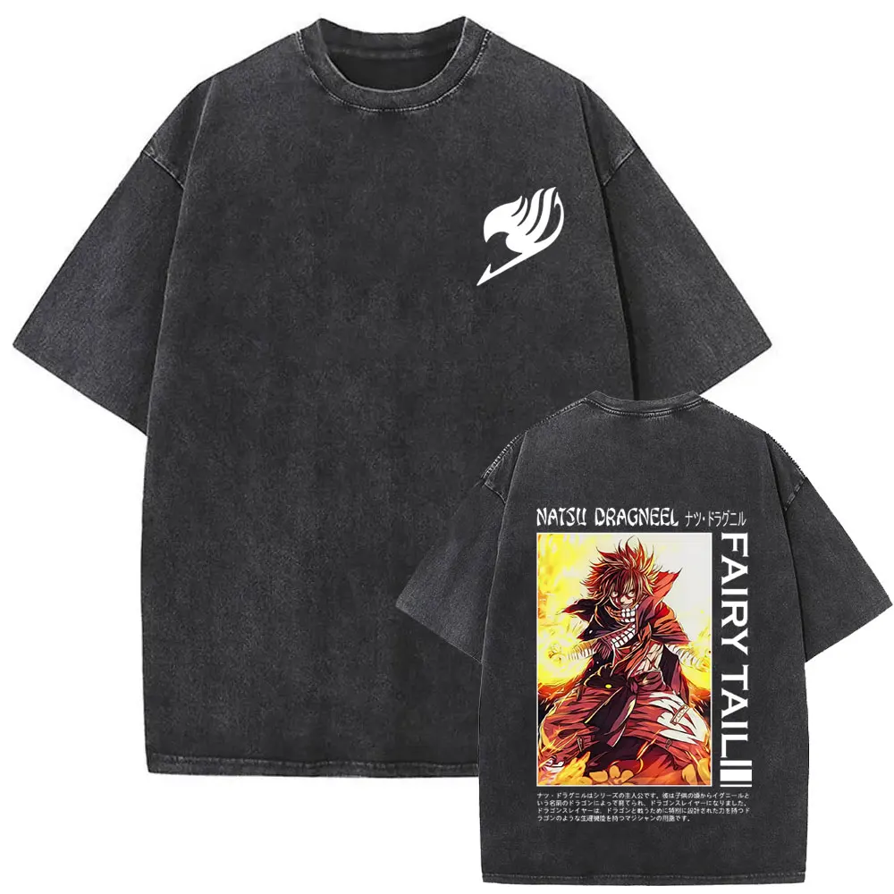 Anime Fairy Tail Vintage Washed T-shirt Cartoon Erza Scarlet Graphic T Shirt Men Women Manga Retro Streetwear Oversized T-shirts