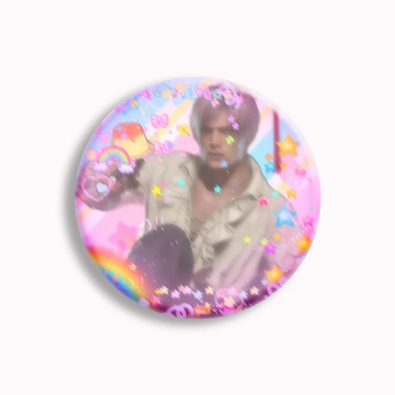 Pink Bow Leon Kennedy Star Button Pin Evil Game Cute Leon Brooch