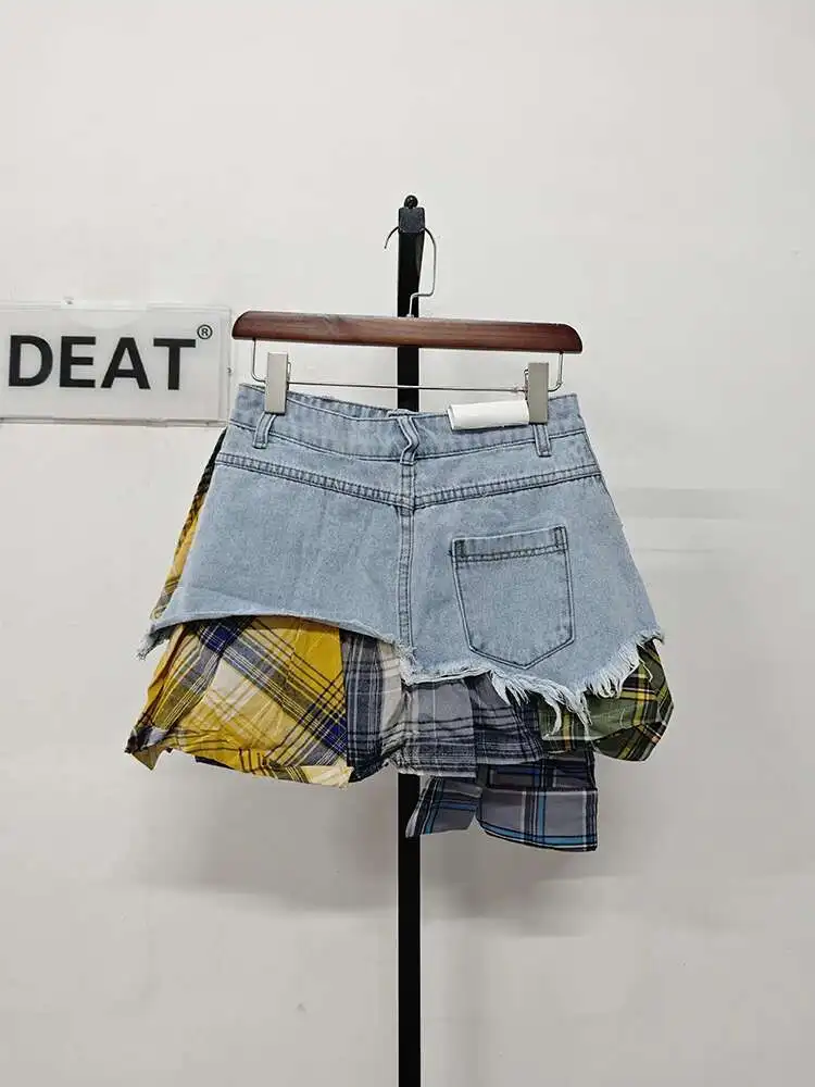 DEAT Women's Denim Skirt Colored Plaid Patchwork Irregular Deconstructed A-line High Waist Mini Skirt 2026 Spring New Fashion 54 S9217d3e8147a45e0bb73c16398037de25