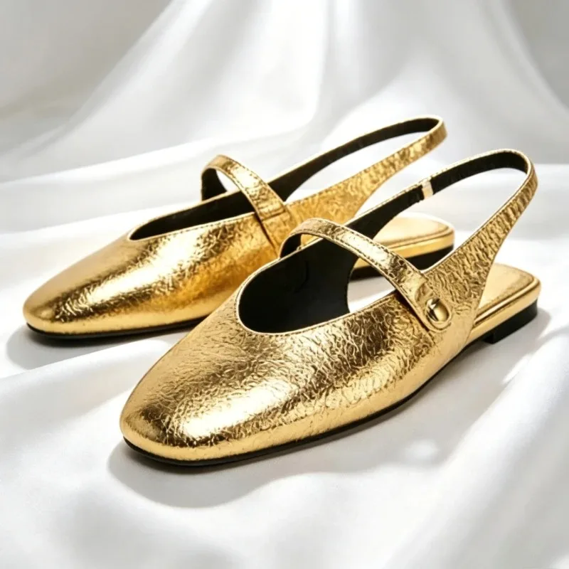 Fashion Silver Metallic Pattern Ballet Flats Women Elegant Round Toe Back Strap Buckle Flat Sandal Comfort Light Mary Jane Shoes