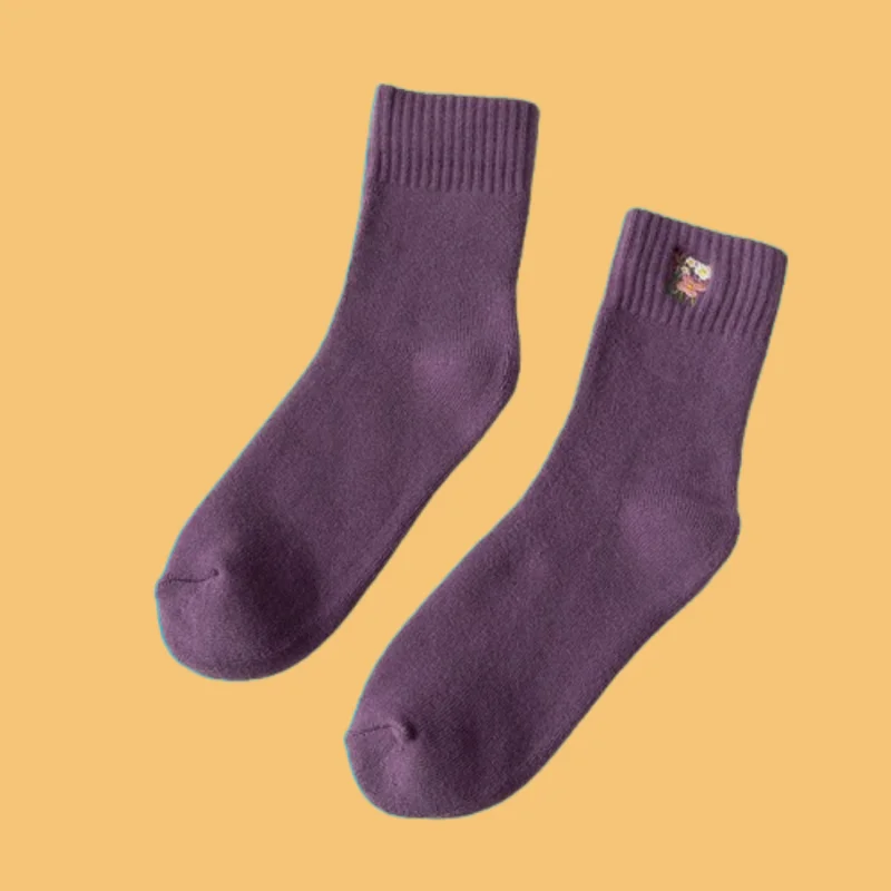 1/3 Pairs Autumn and Winter New Thickened Terry Middle-tube Socks Purple Houndstooth Japanese Warm Cotton Towel Women's Socks