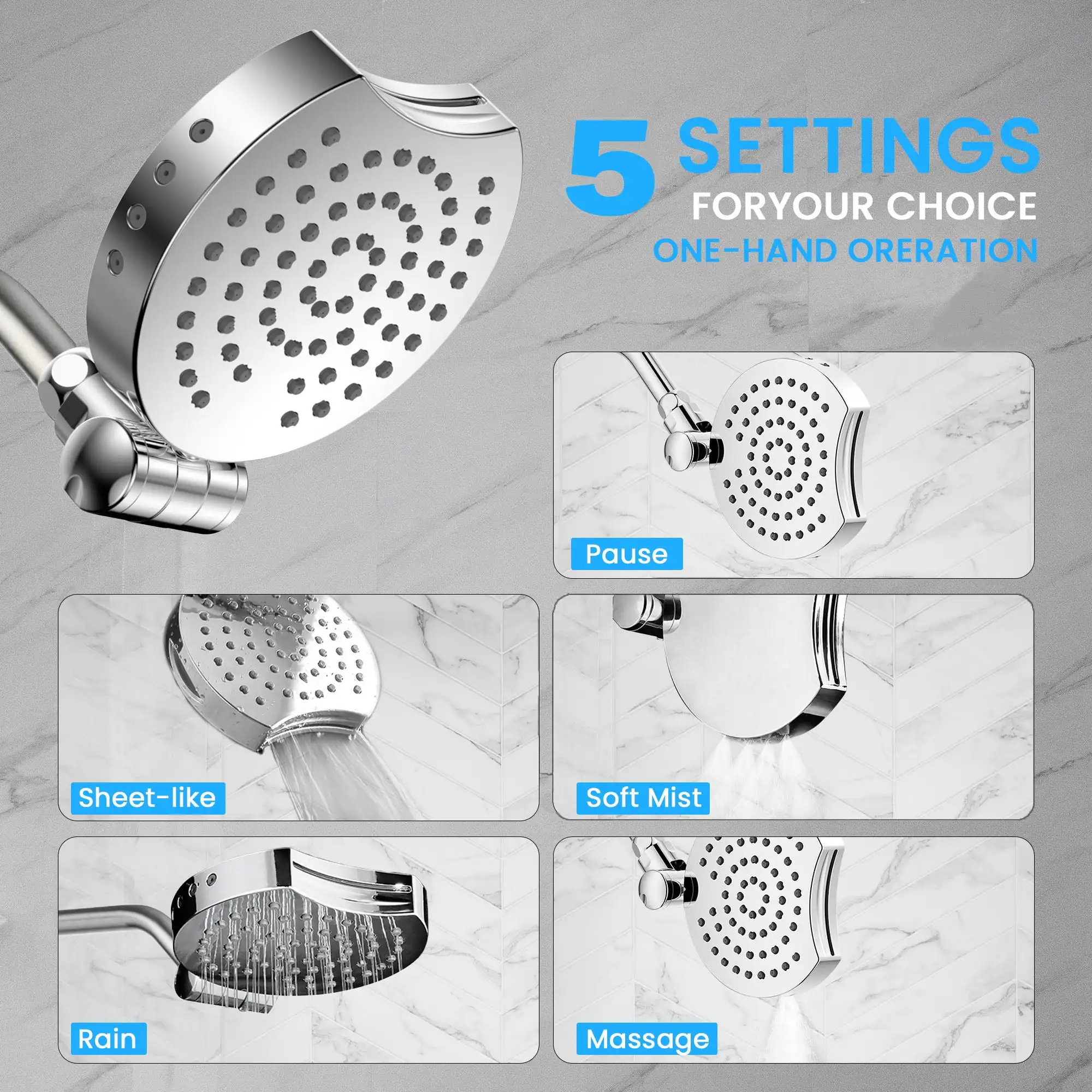 Shower Head,  Multi-Function 5 Modes Water Spray with Chrome Plated Finish, Adjustable Angles, Anti-Clogging Nozzles