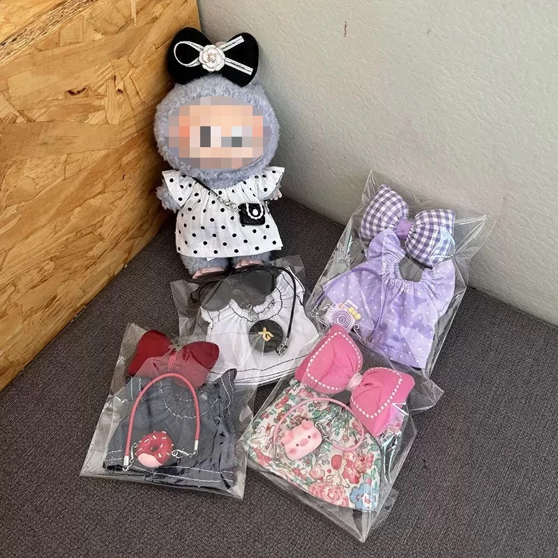 17cm First And Second Generation Labubu Baby Clothes Pendant LABUBU Cloth Skirt Bag Set Bow New Style