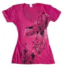 Fuchsia V Neck Short Sleeve Tee Vintage Heart Lock Scroll Pnt Slim Fit Retro Graphic T Shirt Soft Stretchy Summer Streetwear Top