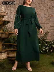 GIBSIE Plus Size Pearl Beaded Lantern Sleeve Belted Dress Women Autumn Solid Elegant O-Neck A-line Maxi Dresses 2024 New