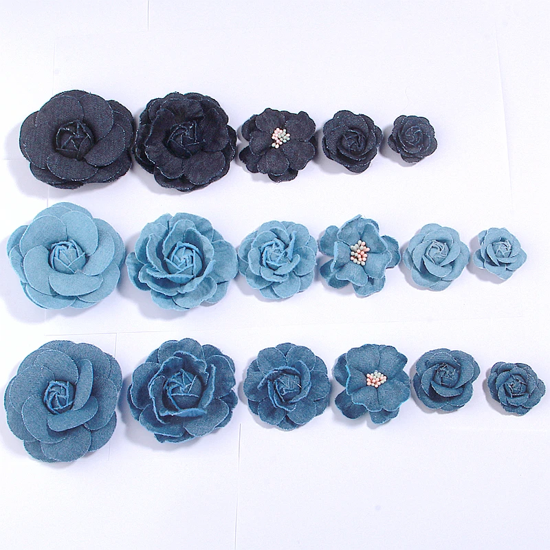 5pcs/lot Blue Denim Fabric Flowers Clothes Hats Dress Decoration Handmade Headdress Craft DIY for Baby Girls Hair Accessories