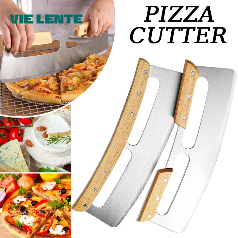 Large Pizza Cutter 1pc Sharp Curved Blade 14 Inch Wooden Handle Pizza Stainless Steel Pizza Slicer Knife Kitchen Tools VIE LENTE