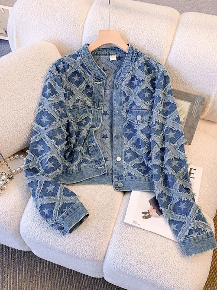Coat Women Denim Coats Round Neck Jackets Y2k Streetwear Work Casual Loose Elegant Splice Work Jacket 2025 Autumn Winter