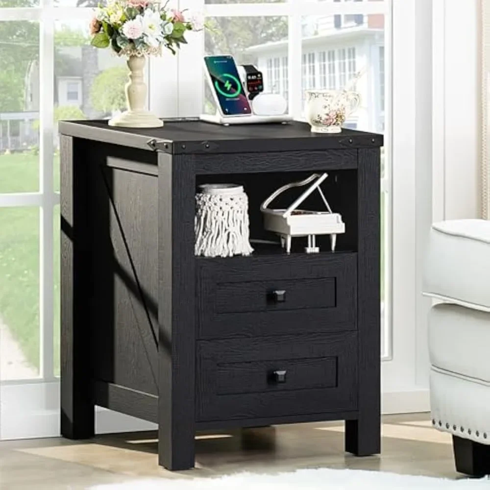 

Nightstand with Charging Station and USB Port, Farmhouse Night Stand with 2 Drawers and Shelf Storage