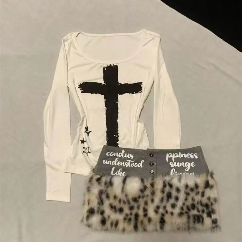 

Retro Spicy Girl Y2K Cross Print round Ne Slim Fit T-irt Women's Spring Summer Subculture f Skirt Two Piece Set