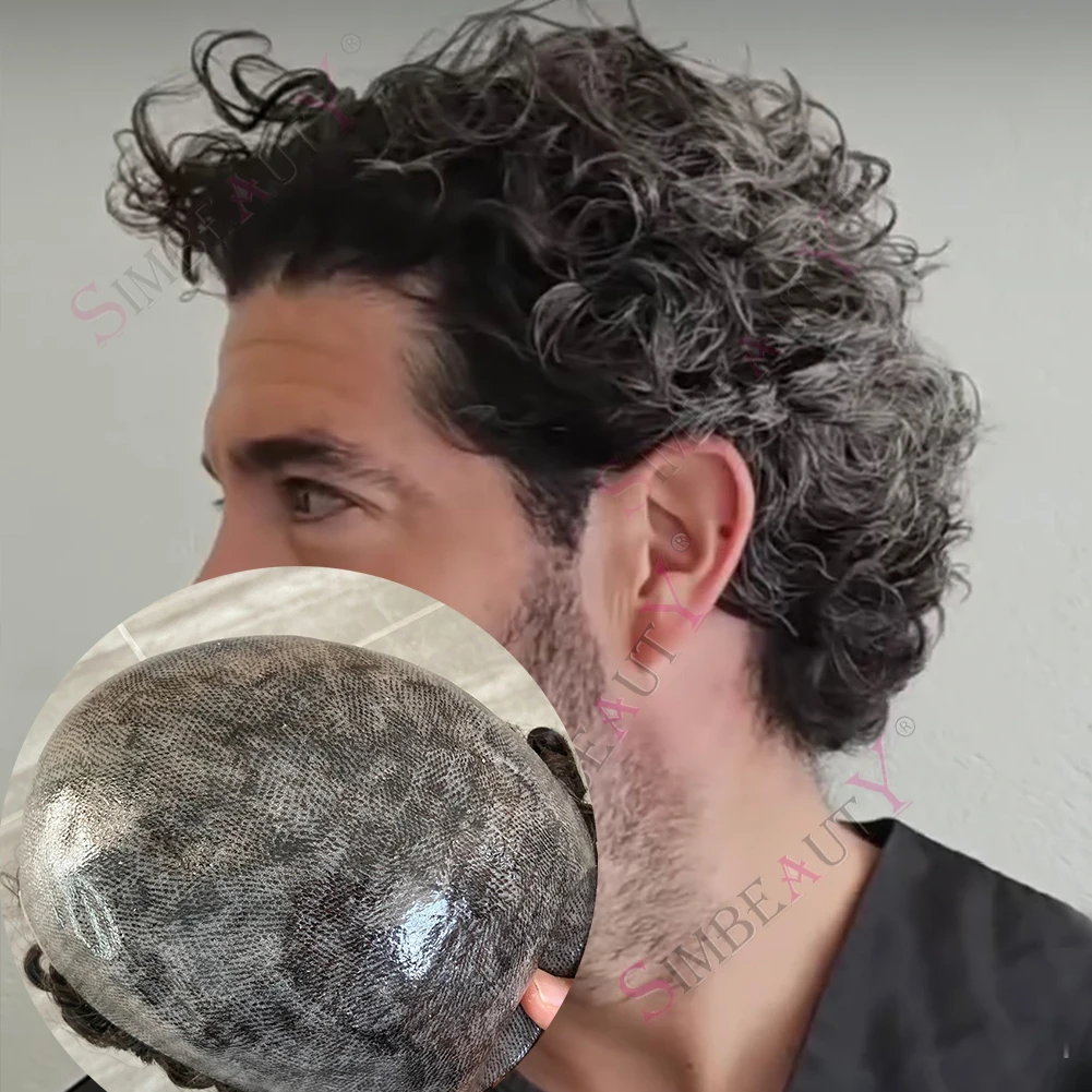 1B40 شعر رمادي للرجال 26 مللي متر تصفيفة الشعر الطبيعي المجعد شعر الإنسان الشعر المستعار استبدال الاصطناعية سوبر دائم بولي الجلد قاعدة سهلة ارتداء