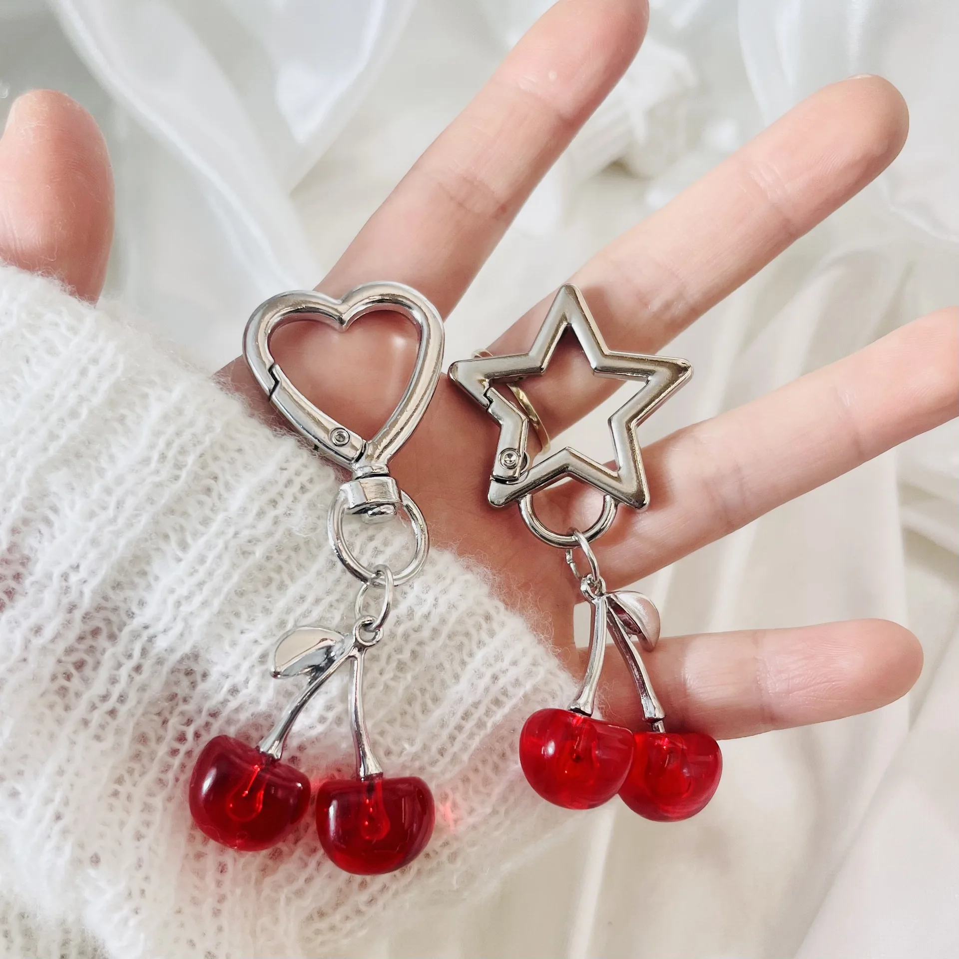 Modischer Niedlicher 3D Kristall-Kirsch-Schlüsselanhänger Herz-Stern-Anhänger Schlüsselkette für Frauen Mädchen Auto Tasche Schlüsselring Schmuck Accessoires Geschenke – Detail 3