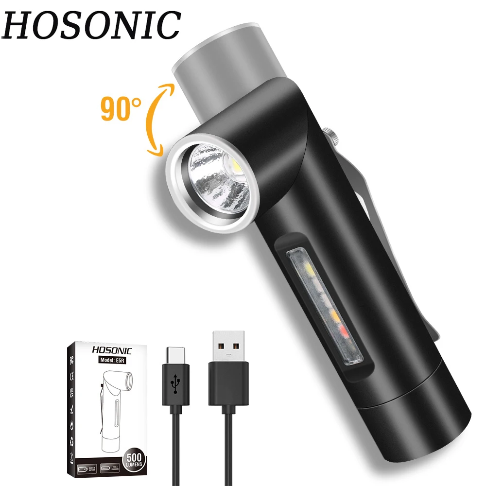 

Фонарик HOSONIC EDC 500LM 90 ° Вращающийся небольшой светодиодный фонарик USB C с зарядкой, карманный фонарь для кемпинга с магнитом, встроенный аккумулятор