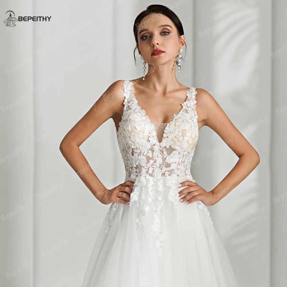 BEPEITHY V Neck Boho Ivory Wedding Dresses For Women Sleeveless Lace Top A Line Sexy Backless Bride Bridal Gown 2024 Vestidos