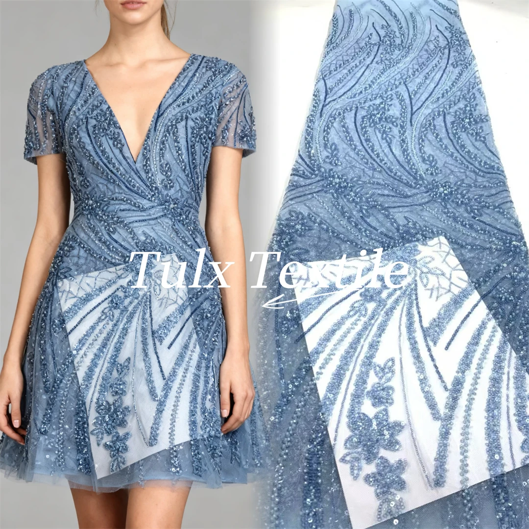 

Синяя африканская свадебная кружевная ткань с блестками, вышитая бисером, высокое качество, французский тюль для свадьбы, жениха, в нигерийском стиле