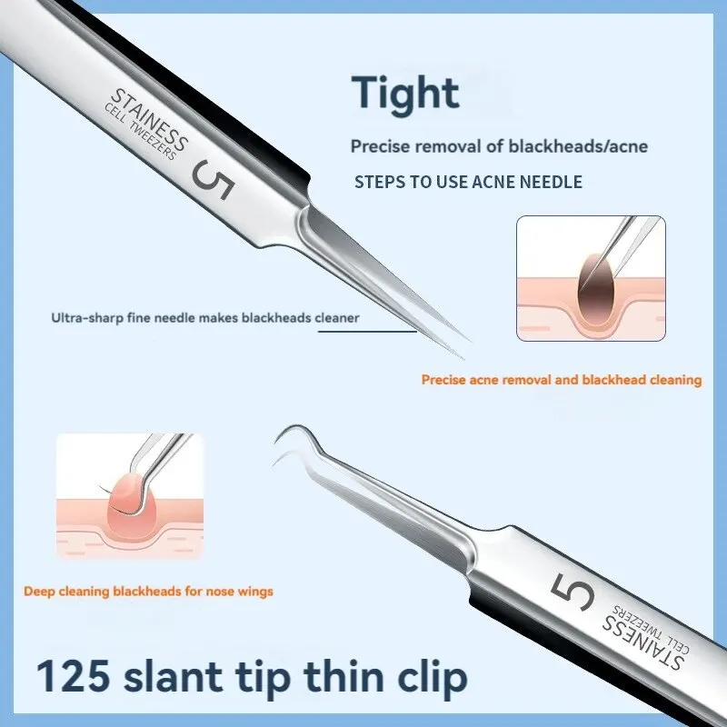 7pcs Stainless Steel Splinter Acne Clip Cell Tweezer Blackhead Clip Pimple Pin Beauty Salon Acne Removal Acne Needle Tools