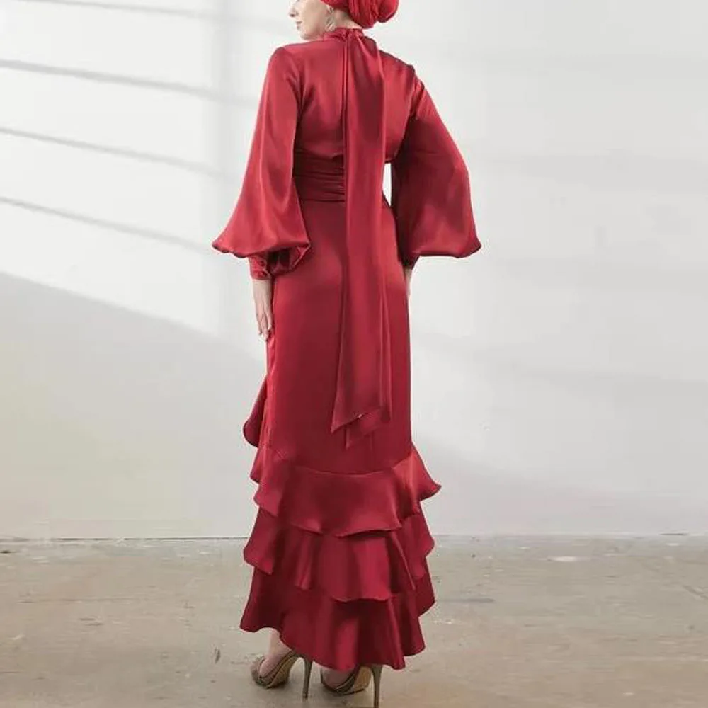 Customized Hijab Prom Dresses with Scarf Ruffles Hem Mermaid Evening Party Gown High Neck Lantern Sleeve Formal Outfit