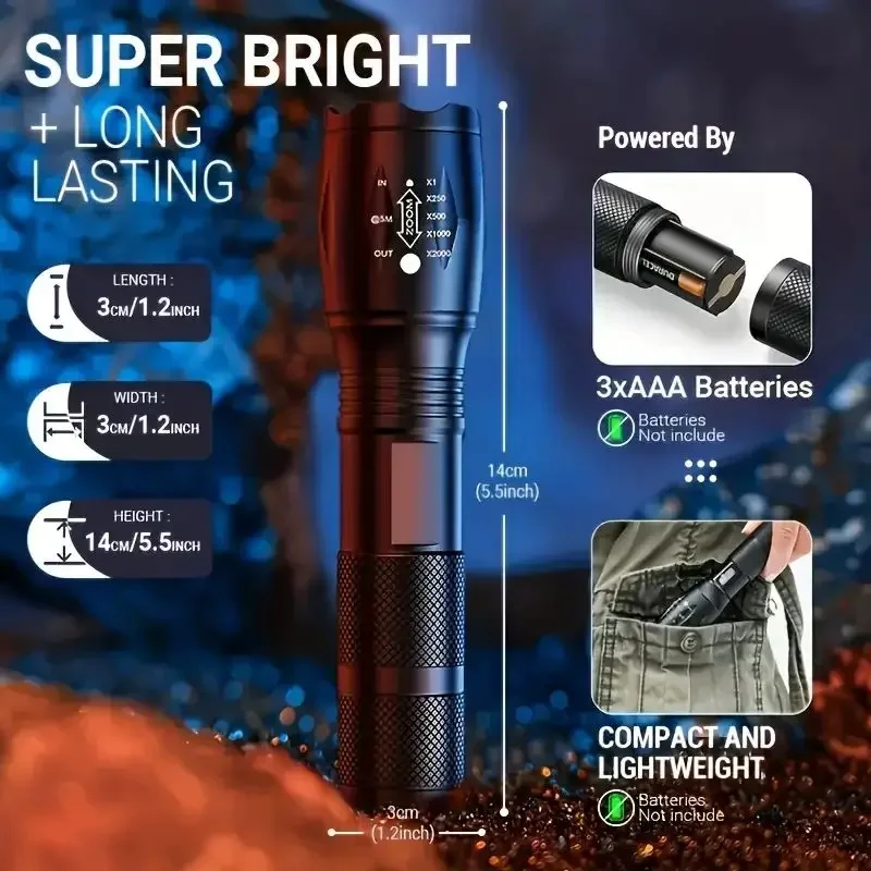 High Power LED Tactical Flashlight 5-Mode Light Zoom Waterproof Portable Torch for Camping Hiking Outdoor Hunting Aluminum Alloy