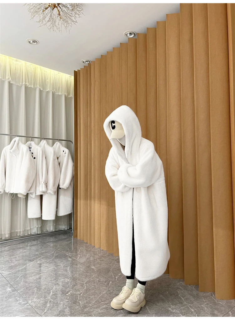 Lautaro Winter Long Oversized Warm Thick Blue White Fluffy Faux Fur Coat Women with Hood 2022 Loose Casual Korean Style Fashion
