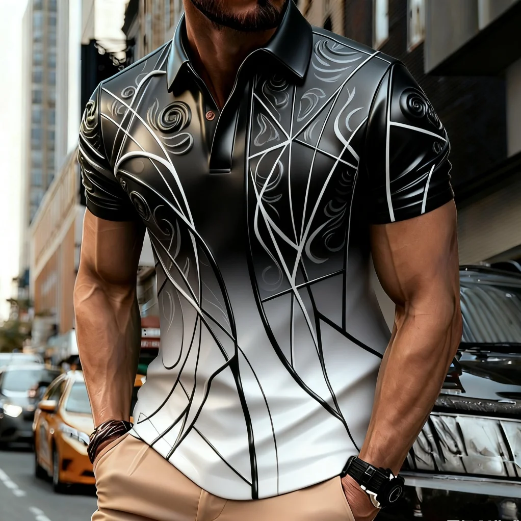 

3D Printed Colorful Striped Polo Shirt For Men Geometric Color Block Pattern Men's Clothes Shirt Casual Lapel Short Sleeve Tops