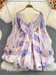 Beach Chiffon Short Dress Women Sexy Backless Long Sleeved Tie Dyed Bow V-neck Purple Party Dresses Spring High Waisted Robe