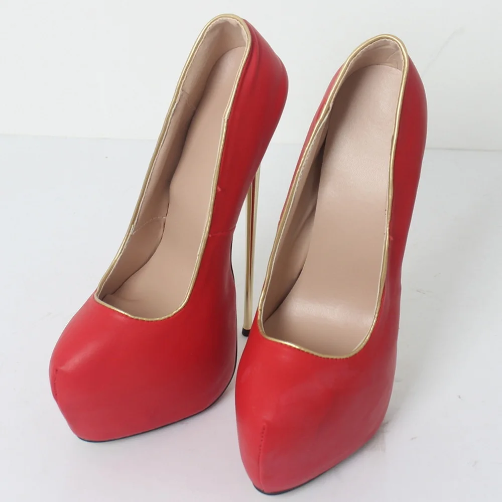 รองเท้าส้นสูงโลหะ 22 ซม., รองเท้าส้นตึกสำหรับผู้หญิง, รองเท้าเต้นรำสำหรับผู้ชายที่ชอบแต่งกายข้ามเพศ, หัวรองเท้าทรงกลม, สวมแบบสลิปออน, สีแดง, สีตามสั่ง