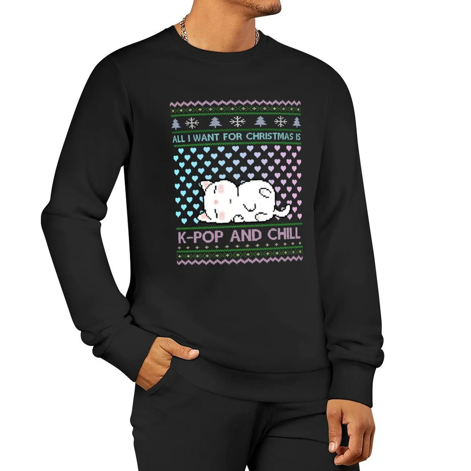 KPOP AND CHILL - SARANGHAE I LOVE YOU K-POP K-DRAMA Ugly Christmas Sweater with Cute KAWAII Cat Cats and Heart H Pullover Hoodie