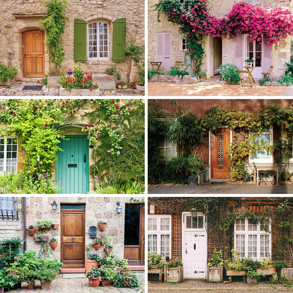 Countryside Stone House Old Wooden Door Window Flower Photo Background Photo Backdrop Spring Baby Portrait Photophone Room Decro