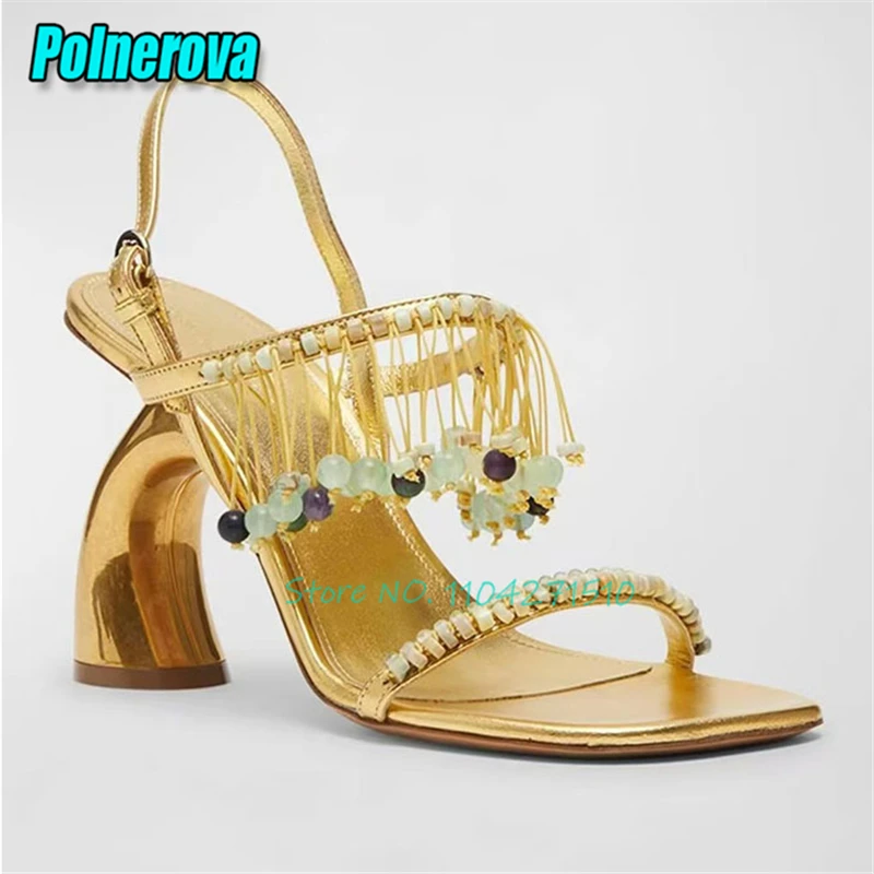 

Bohemian Gold Strange Heel Women Sandals Summer New Square Toe Back Strap Pendant Tassel High Heels Fashion Party Banquet Sho