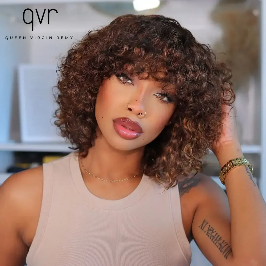 QVR Brown color Short Pixie Curly Bob Cut Human Hair Wigs With Bangs Weat to go Jerry Curly Wig Highlight Colored Wigs For Women