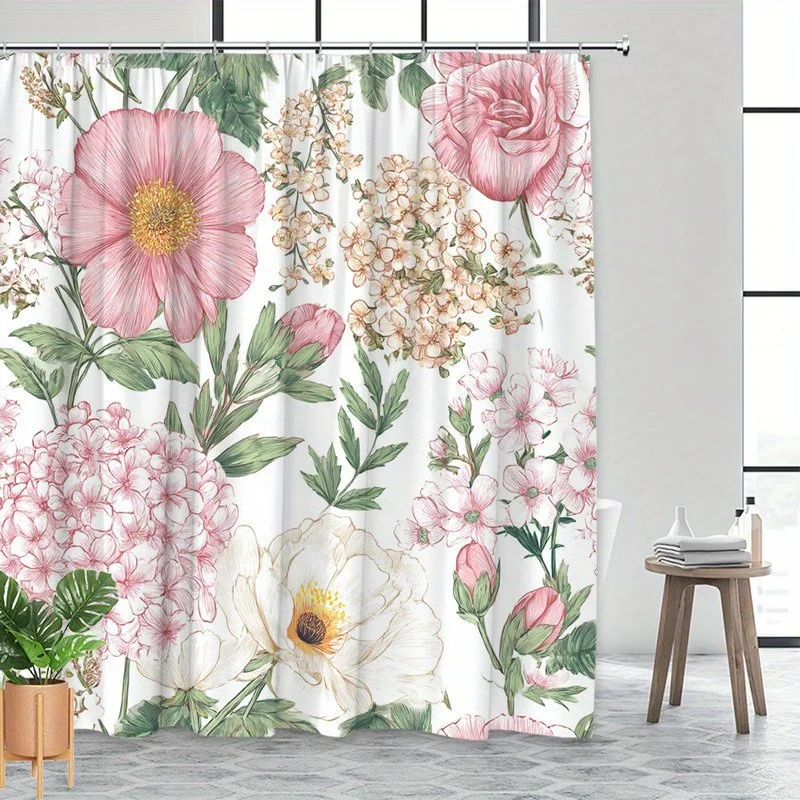 

1pc Pink and white peony, rose and hydrangea watercolor shower curtain, polyester fabric machine washable, suitable for bathroom