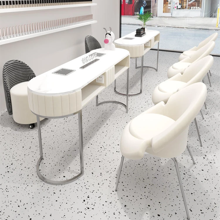 Commercial Salon Nail Shop Stainless Steel Embedded Vacuum Cleaner Rock Plate Nail Table and Chair